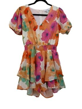 NWT GILLI Bloom Babe Vibrant Pink And Orange Floral Ruffle Tiered Romper Large
